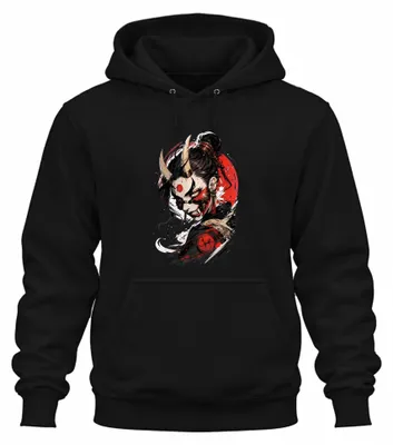 Zdjęcie produktu dla Bluza z kapturem "Oni Kriegerin", japońska demonka, styl cyberpunk Y2K, czarna, rozmiar XL