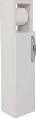 A tall, narrow white bathroom cabinet with a silver handle.