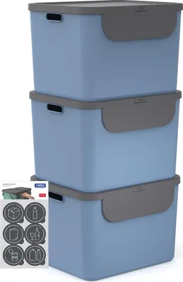 Produktbild von Rotho 3er-Set Mülltrennsystem je 55L Albula – Mülleimer mit Frontklappe – Abfalleimer 40,0 x 48,9 x 34,0 cm – Müllbehälter mit Deckel und Griffen – inkl. Aufkleber