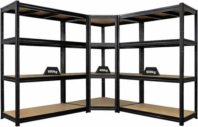 Produktbild von Mega Deal Dino 1x Eckregal 180x90x60cm & 2X Schwerlastregal 180x160x60cm, Schwarz, Fachlast 400 kg, Stehend, Metall, Lagerregal, Kellerregal, Steckregal, Garagenregal