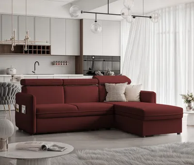 Produktbild von Idohome - Ecksofa BENI mit Schlaffunktion und Bettkasten 220x160 cm, Relaxfunktion und Kopfstützen - Farbe Dunkelrot Manila 06