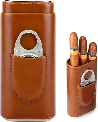 Obrázok produktu pre Puzdro na cigary pre 3 cigary – kožené puzdro na cigary s rezačkou na cigary – nerezová oceľ – tubusový humidor – prenosný humidor na cestovanie – hnedý.