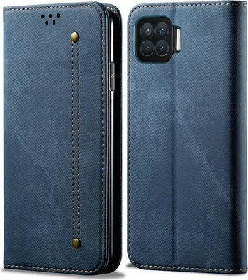 Produktbild von OPPO F17 Hülle, LaimTop Denim Leder Brieftasche Magnetverschluss Flip Bookstyle Schutzhülle mit Standfunktion für OPPO F17 Blau