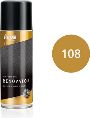 A product shot of a can of Kaps Renovator shoe care product, next to a circular swatch of the product's color.