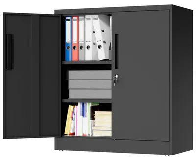 Productafbeelding van Metalen opbergkast met twee deuren en legplanken, stalen kast voor garage en huishouden, 90x80x40 cm, zwart