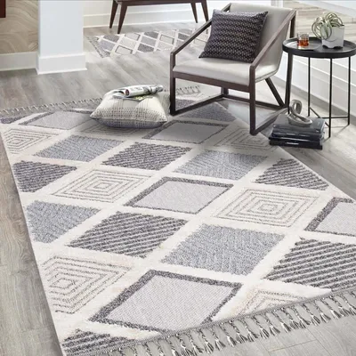 Produktbild von Teppich Wohnzimmer Boho-Stil Graublau, Creme - 120x170 cm - Rauten-Look - Relief-Optik, 3D-Effekt