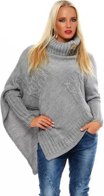 Produktbild von 30-01 Mississhop Damen Poncho Strick Pullover weiche Strickjacke Cape Umhang Überwurf One Size Grau