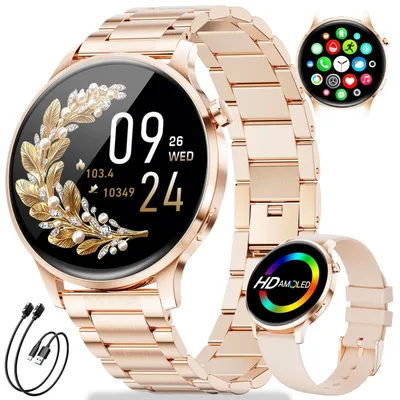 Immagine prodotto di Smartwatch da donna con display AMOLED, ultra-sottile, dotata di 2 cinturini e 2 cavi di ricarica, 116 modalità sportive, resistente all'acqua (IP68), orologio sportivo compatibile con Android, disponibile in argento, rosa oro e acciaio inossidabile