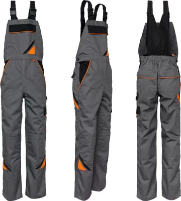 Three views of a pair of gray work overalls with orange and black accents.