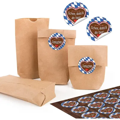 Produktbild von 24 kleine braune Papiertüten natur Kraftpapier 9 x 15 x 3,5 cm + 24 runde SCHÖN DASS DU DA BIST blau weiß kariert BAYERN bayerisch Danke Verpackung mini-Tüte Geschenk