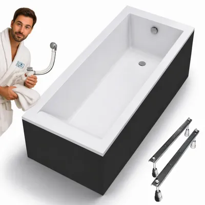 Zdjęcie produktu dla WANNA prostokątna KRONOS SQUARE 170x70 biała z czarną obudową syfon nogi