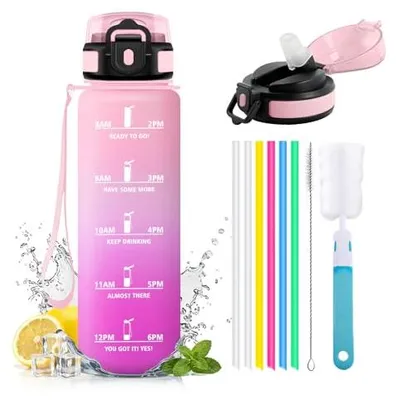 Produktbild von Trinkflasche 1L JAPORIA mit Strohhalm, BPA-frei, Zeitmarkierung, Outdoor,