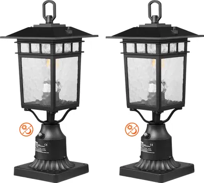 Zdjęcie produktu dla VEVOR 2-pak zewnętrznych lamp słupowych o zmierzchu do świtu, 400 mm, wodoodporne lampy słupowe z 3,5-calowym szklanym kloszem na mocowaniu słupowym, chronione przed piorunami zewnętrzne oświetlenie słupowe do patio i ścieżek ogrodowych