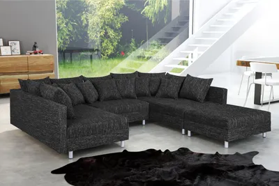 Produktbild von Wohnlandschaft Sofa Couch Ecksofa Eckcouch in Gewebestoff schwarz Minsk XXL