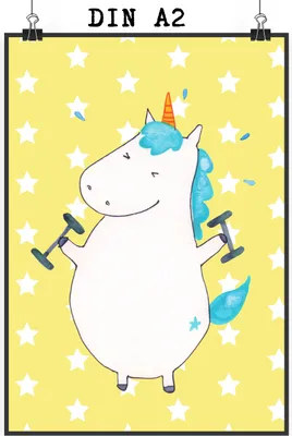 Produktbild von Mr. & Mrs. Panda Bild Einhorn Fitness DIN A2 - Gelb Pastell - Geschenk, kunstdruck poster, Fitnessstudio, drucke, Sport, Wandbild, Unicorn, Gym, Einhörner, wanddeko