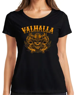 Produktbild von Valhalla Wikinger Totenkopf Helm Äxte Nordisch Mythologie Runen Damen T-Shirt, Schwarz, XL