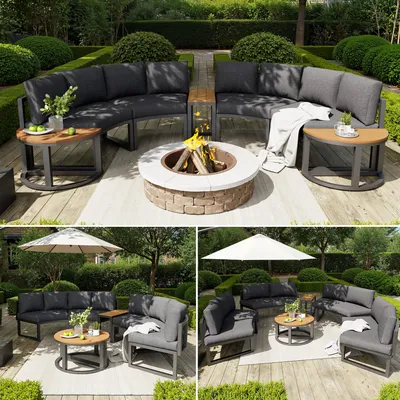 Produktbild von Gartenmöbel-Set für 4-6 Personen, Garten Loungesessel Set, bequeme Gartenmöbel mit grauen Sitzpolstern und Kissen, verstellbare Beine, elegantes rundes Sofa, grau