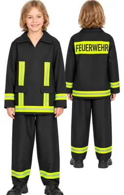 Feuerwehr Kostüm Toni für Kinder in Schwarz mit neongelben Streifen, vorne und hinten mit großem FEUERWEHR-Schriftzug dargestellt.