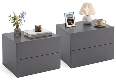 Immagine prodotto di COSTWAY, set di 2 comodini da parete con 2 cassetti, mobiletto sospeso in legno, comodino da parete grigio, dimensioni 42 x 30 x 29 cm