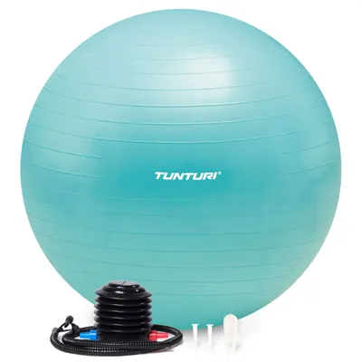 Produktbild von Tunturi Anti Burst Fitnessball mit Pumpe - Yoga-Ball 75 cm - Pilates-Ball - Schwangerschaftsball – 220 kg Benutzergewicht - Inklusive Trainings-App – Türkis
