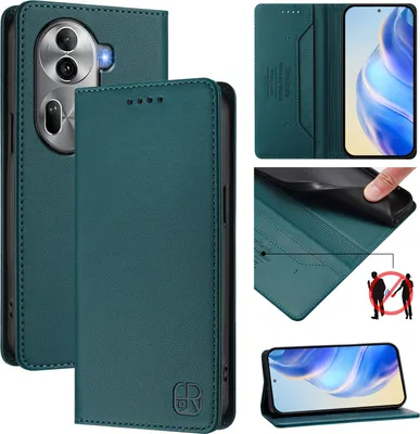 Image de Etui en cuir pour Oppo Reno11 Pro, étui à rabat avec fentes pour cartes, portefeuille et support Vert foncé