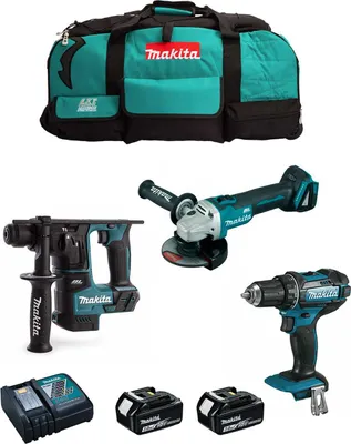 A collection of Makita power tools and accessories, including a duffel bag, angle grinder, rotary hammer, drill, batteries, and charger.