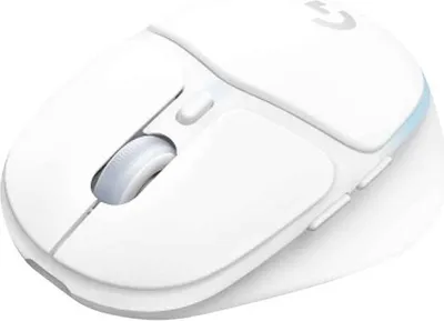 A white wireless gaming mouse is shown from a slightly elevated angle.