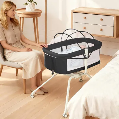 Produktbild von 2 in 1 Beistellbett Baby mit Matratze,Faltbares Co-Sleeper,Reisebett Babybett,Stubenwagen,Babywiege für 0-12 Monate Hause und Reisen 94x70x80cm Schwar