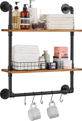 Produktbild von VEVOR Industrielles Rohrregal, 2 Ebenen, 61 x 20 cm, Wandmontage, schwebende rustikale Holzregale, Halterung, Lagerregal, Kleinteilehalter für Küche, Schlafzimmer, Badezimmer, Wohnzimmer, schwarz