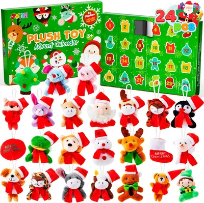 Productafbeelding van Adventskalender 2025 met pluche - 24 dagen aftelkalender - Pluche dieren met kerstmutsen - Kerstcadeaus