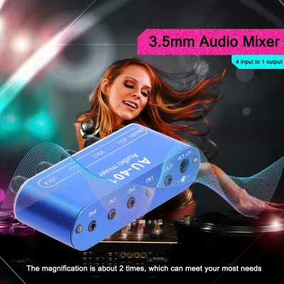 Imagen del producto de Mezclador de audio estéreo de 3,5 mm, con 4 entradas y 1 salida. Permite controlar individualmente la mezcla de sonido y es compatible con auriculares y amplificadores