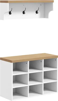 Image de Meubles d'entrée - vestiaire avec banc & étagère à chaussures - trois crochets - étagères pour 9 paires de chaussures - à monter soi-même - blanc