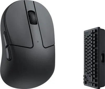 A black wireless mouse and a black accessory are displayed on a white background.