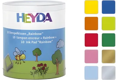 Image de Heyda 204888470 Set de mini tampons encreurs "Rainbow" 3 x 3 cm jaune, orange, rouge, rose, violet, bleu, bleu foncé, turquoise, vert pomme, vert foncé
