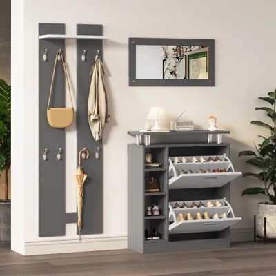 Produktbild von okwish Wandgarderoben-Set 80 x 25 x 96.5 cm, inkl. Spiegel, 2 Wandpaneelen, einer Regalwand und einem Schuhschrank, Korpus anthrazitgrau matt, Flurmöbel, Flurtrockenständer, Flurgarderobe, Schuhwechsler-Set, grau
