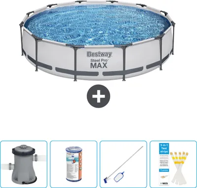 Produktbild von Bestway Round Steel Pro MAX Schwimmbad – 366 x 76 cm – Grau – inklusive Pumpe Filter - Reinigungskit - Teststreifen