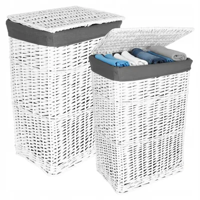 Produktbild von Set aus weißen und grauen Weidenkörben, 72 l und 114 l