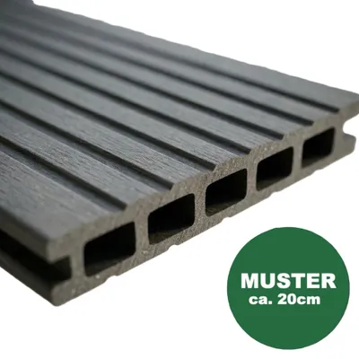 Produktbild von Handmuster / Muster WPC / BPC Terassendiele Hohlkammerdiele, 20 x 145 mm, einseitig glatt gebürstet / einseitig genutet, grau