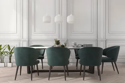 A dining room scene with a table and chairs.