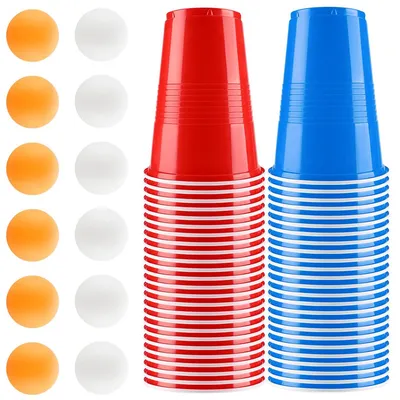 Produktbild von Beer Pong Becher Set 500ml, 50 Partybecher mit 12 Bällen, rote blaue Trinkspiel Becher, PP Kunststoff, für Party, Grillabend & Geburtstag