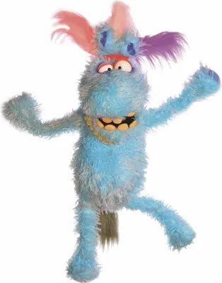 A blue, furry puppet with colorful hair and a gold chain around its neck, standing with its arms and legs spread.