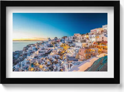 Produktbild von Sonnenuntergang auf Santorin– Wandbild mit Rahmen – Gerahmtes Bild  – Wanddekoration – 30x20 cm –  Schwarz Rahmen