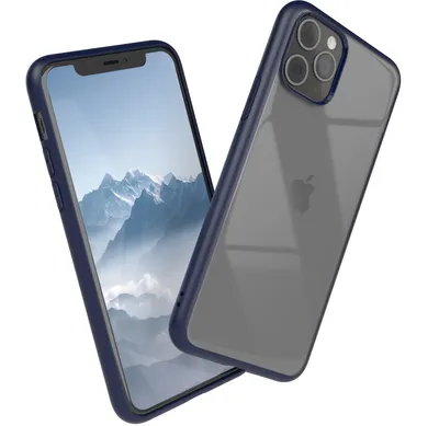 A blue and clear iPhone case is shown from the front and back.