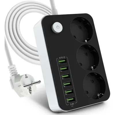 Produktbild von Steckdosenleiste 3-Fach 6 USB Mehrfachsteckdose mit Flachstecker und Schalter