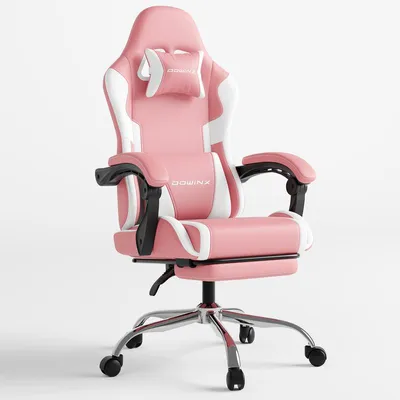 Obrázek produktu pro Herní židle s podnožkou a masážní bederní opěrkou. Ergonomická herní židle, pohodlné herní křeslo s opěrkou hlavy, barva růžová a bílá