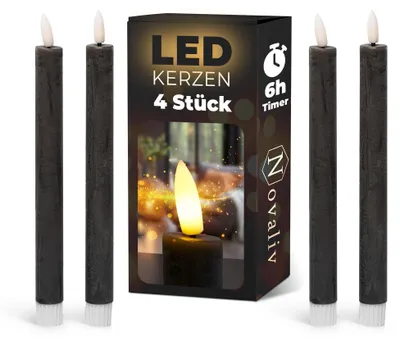 Obrázok produktu pre LED sviečky s časovačom, čierna, 4 kusy, vhodné do interiéru, 6 hodín – skutočný vosk, výška 24 cm, priemer 2,2 cm, vyžadujú 2 batérie AAA. LED sviečky s efektom blikotavej a pohyblivej plamienky, svetlo