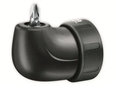 A black angled screwdriver bit holder with a silver bit is shown against a white background.