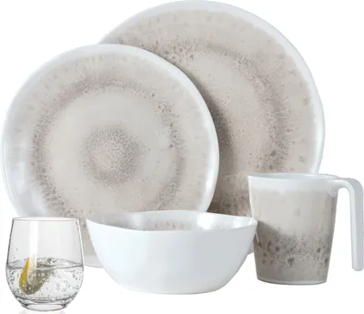 Produktbild von Melamin Camping Geschirr Set 4 Personen Amboss Design 16 Teilig + 4 Gläser Wassergläser Tafelgeschirr Picknick BBQ Kochgeschirr