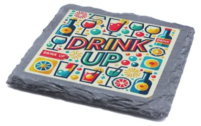 Schieferuntersetzer 'Drink Up' Retro-Party-Design, 10x10 cm