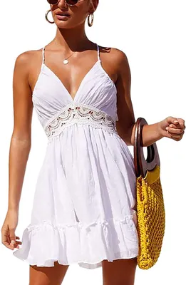 Productafbeelding van Dames Rugloze Strandjurk - V-Hals met Spaghetti Bandjes - Wit
